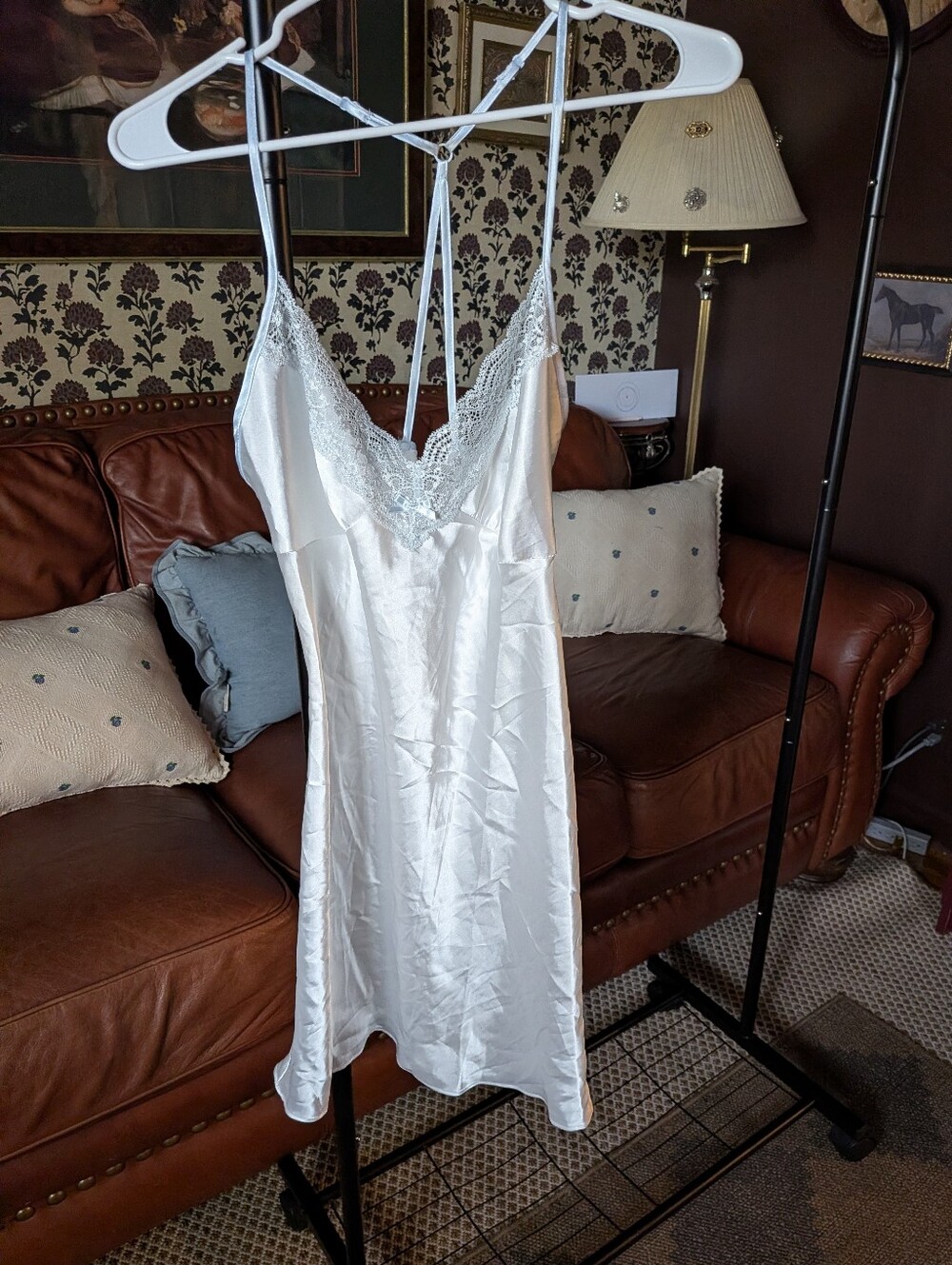 Vintage Inspired White Lace Trim Satin Chemise - Women Intimates & Sleepwear